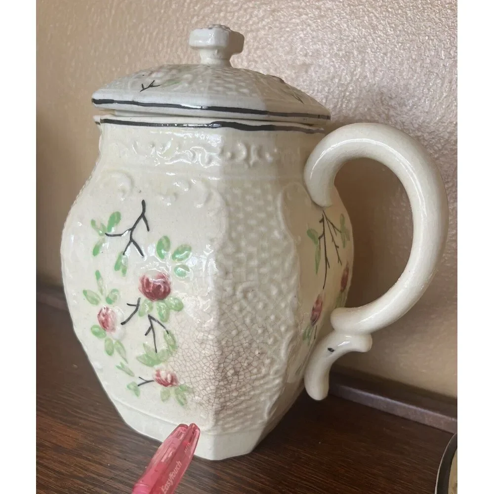 Vtg Moriyama Japan Basketweave Majolica Floral Tea Pot Set Cream Sugar Japan